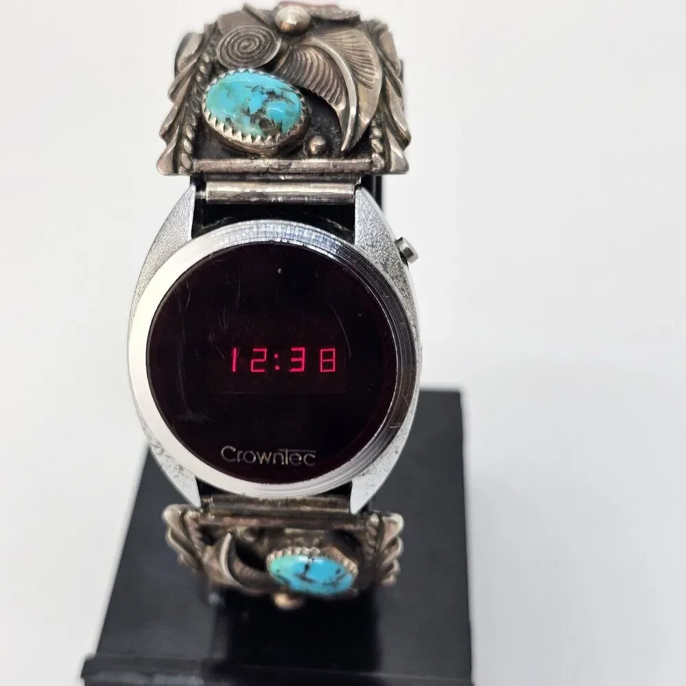 VTG Navajo Sterling Silver Flower Coral Turquoise Band‎ CrownTec Digital Watch